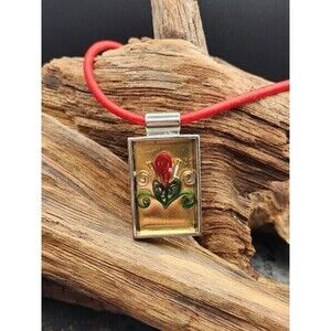 Vintage Quilled Paper and Resin Silvertone Pendant on Red Cord Necklace
